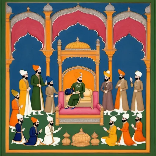 Prompt: A simple Mughal miniature painting inspired by the Akbarnama. The scene shows Emperor Akbar in a royal court, seated on a basic throne, surrounded by a few courtiers in traditional Mughal attire. The background has minimal decoration with soft colors and simple patterns. The painting is less detailed but maintains the Mughal miniature style with a focus on storytelling.easy painting please with less people 

