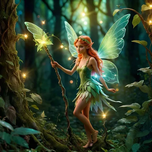 Prompt: Hidden mystical forest with a fairy, magical staff, ethereal lighting, high quality, fantasy, detailed foliage, enchanting atmosphere, fairy wings, glowing staff, mystical, whimsical, forest setting, atmospheric lighting
