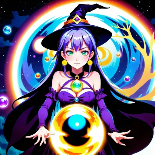 Prompt: Anime illustration of a hovering witch, magical orbs, mystical floating, vibrant and glowing, detailed costume and accessories, high quality, anime, fantasy, vibrant colors, mystical lighting, detailed eyes, magical aura, detailed hair, professional, atmospheric lighting