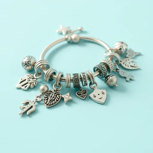 Prompt: a silver bracelet with charms