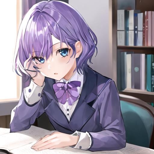 Prompt: Girl,violet hair,try to study, Short Hair, blue eyes