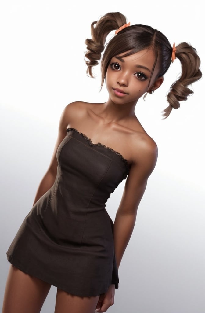 Prompt: 1girl, realistic, gradient background, dutch angle, cowboy shot, dark skin, black eyes, short hair, short twintails, light brown hair, twin drills, hip bones, {strapless dress}, zzz, bloom, year 2015