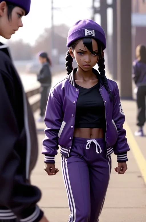 Prompt: 3girls, realistic, scenery, dark skin, purple eyes, low twintails, black hair, collarbone, tuxedo, anger vein, tareme, very short hair, side braid, purple letterman jacket, sweatpants, black geta, single sidelock, ribs, beanie, hat bow, crying, blurry foreground, year 2009, solo focus