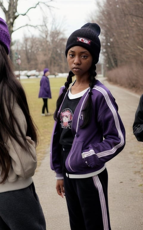 Prompt: 3girls, realistic, scenery, dark skin, purple eyes, low twintails, black hair, collarbone, tuxedo, anger vein, tareme, very short hair, side braid, purple letterman jacket, sweatpants, black geta, single sidelock, ribs, beanie, hat bow, crying, blurry foreground, year 2009, solo focus