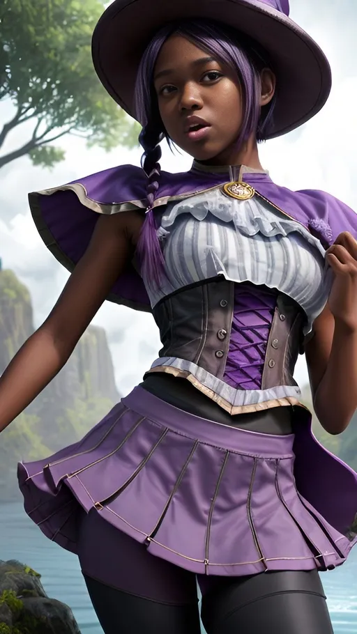 Prompt: 1 girl, dutch angle, very dark skin, brown eyes, sanpaku, very short hair, purple hair, side braid, wizard hat, leggings, underbust, shorts under skirt, licking lips, contrapposto, cape, viewfinder, air bubble, water drop scenery, detailed, highres, fantasy, cool tones, magical lighting