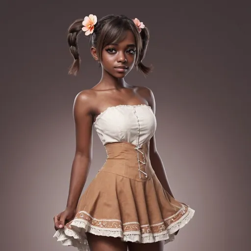 Prompt: 1girl, realistic, gradient background, dutch angle, cowboy shot, dark skin, black eyes, short hair, short twintails, light brown hair, twin drills, hip bones, {strapless dress}, zzz, bloom, year 2015