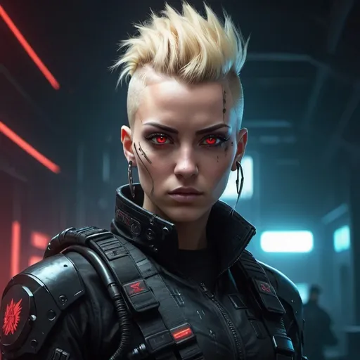 Prompt: Futuristic digital illustration of a female with a blonde mohawk, wearing sleek black military gear, piercing red eyes, cyberpunk style, detailed features, highres, futuristic, intense gaze, cool tones, atmospheric lighting, high tech, professional, ultra-detailed, military cyberpunk, sci-fi