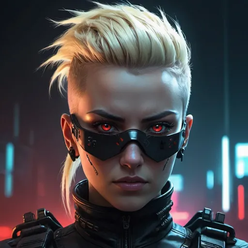 Prompt: Futuristic digital illustration of a female with a blonde mohawk, wearing sleek black military gear, piercing red eyes, cyberpunk style, detailed features, highres, futuristic, intense gaze, cool tones, atmospheric lighting, high tech, professional, ultra-detailed, military cyberpunk, sci-fi