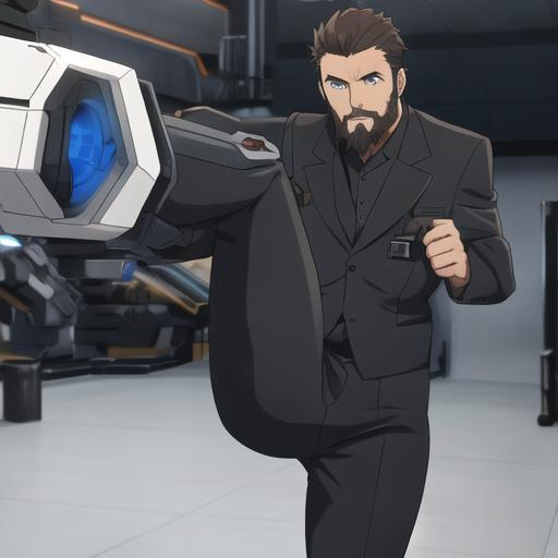 Prompt: male, brown hair with a grey streak, brown beard, blue eye, robotic arm and leg, wearing a black suit , young,