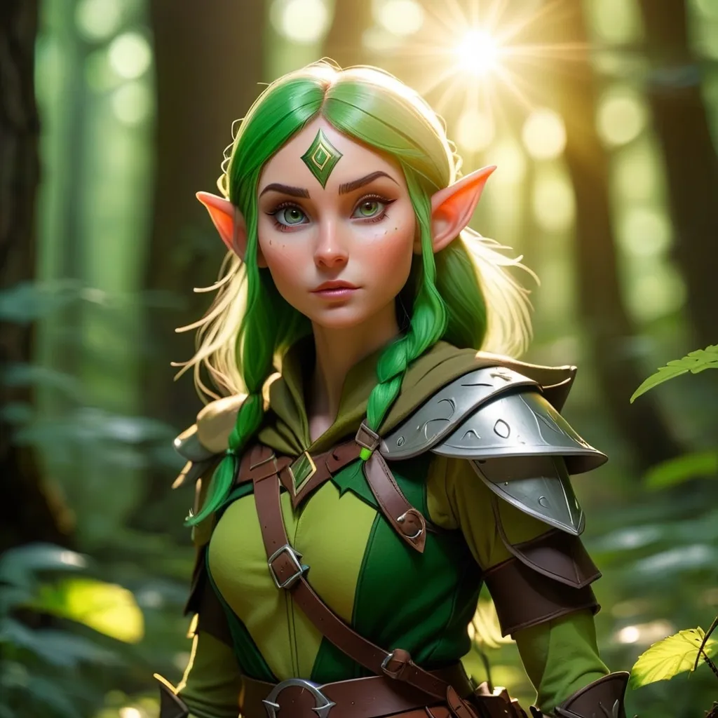 Prompt: Elf ranger in a mystical forest around sunlight