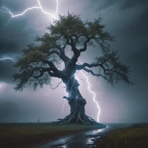 Prompt: Fantasy , lightning tree , big , alone , in a foggy place , 4K ,  