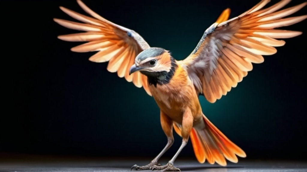 Prompt: A bird with its wings open, showing the full body and facing forward