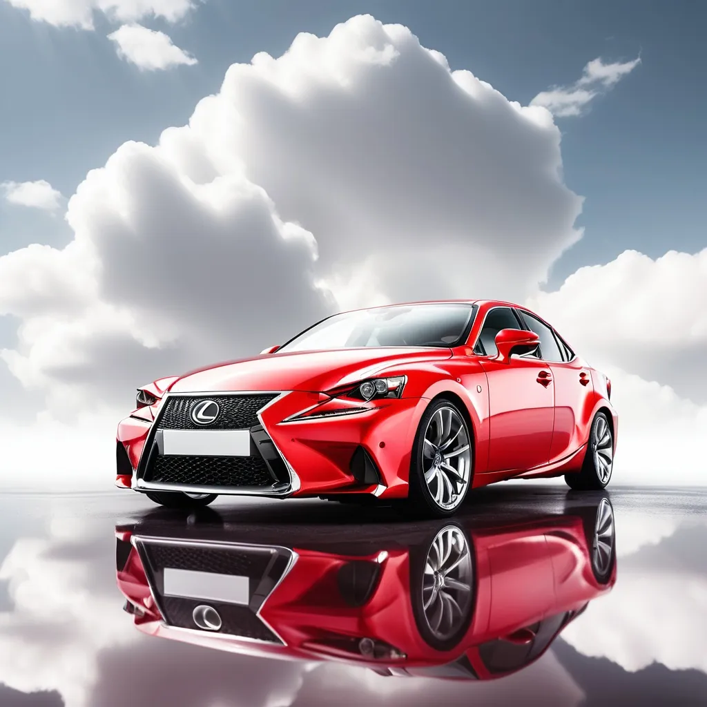 Prompt: a LEXUS IS on a cloud in the sky. Clean white background. Shiny red color. Chrome wheels. Empty seats, clean windsheild. reflection. White strips. Chrome plating. 