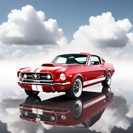 Prompt: a Ford Mustang on a cloud in the sky. Clean white background. Shiny red color. Chrome wheels. Empty seats, clean windsheild. reflection. White strips. Chrome plating. 