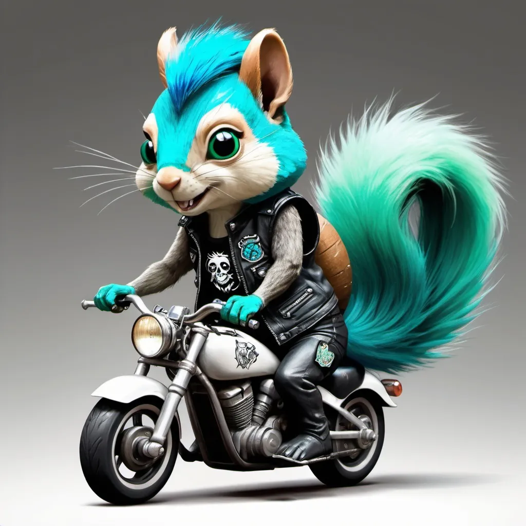 Prompt: Create a detailed, realistic cartoon-style drawing featuring a punk squirrel with long electric blue and jade green fur, wearing a black motorcycle vest adorned with a traditional anarchist A patch, riding a skateboard. Beside the squirrel, include a white tiger with turquoise and jade green spots, also wearing a black motorcycle vest with patches. The drawing should have high-definition, detailed hair for both characters and be very colorful, evoking a fun sensation for the viewer.