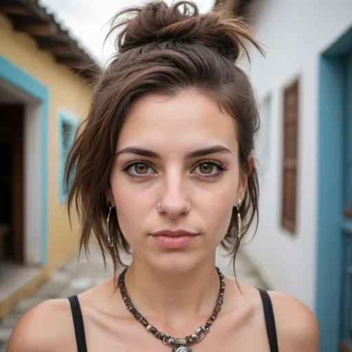 Prompt: Elegant Mediterranean looking woman, punk style, hazel eyes, white skin, brown hair, straight medium nose, wide nostrils, moles on the face, buissnes woman, real estate, living in the caribbean, photography, realistic, free spirit
