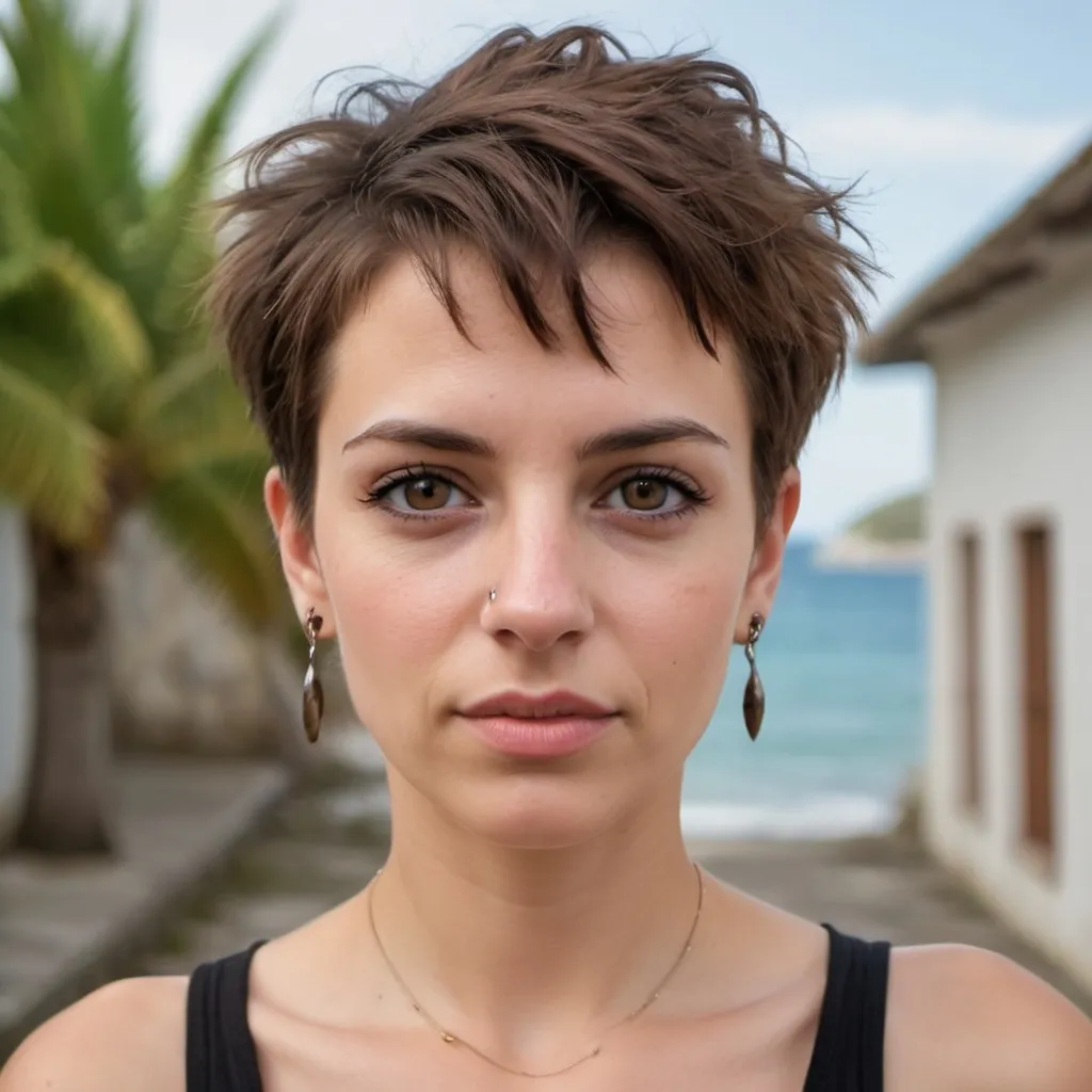 Prompt: Elegant Mediterranean looking woman, punk style, hazel eyes, white skin, brown hair, straight medium nose, wide nostrils, moles on the face, short hair, buissnes woman, real estate, living in the caribbean, photography, realistic, free spirit