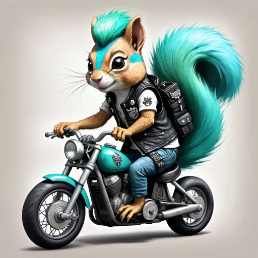 Prompt: Create a detailed, realistic cartoon-style drawing featuring a punk squirrel with long electric blue and jade green fur, wearing a black motorcycle vest adorned with a traditional anarchist A patch, riding a skateboard. Beside the squirrel, include a white tiger with turquoise and jade green spots, also wearing a black motorcycle vest with patches. The drawing should have high-definition, detailed hair for both characters and be very colorful, evoking a fun sensation for the viewer.