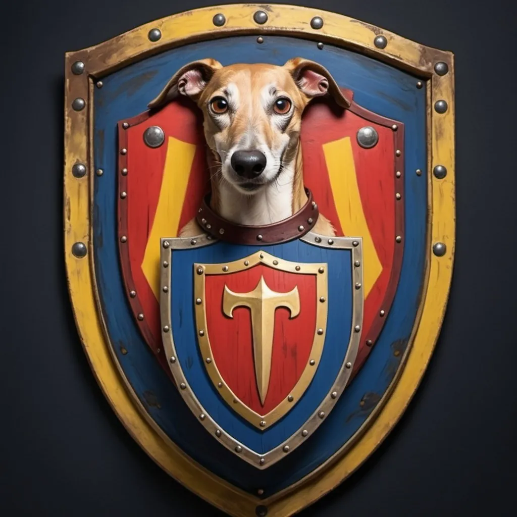 Prompt: Make a medival  shield banner with in the background colors dominat red and tinta of yellow blue  and include a fierce and  paint a strong greyhound in the middel