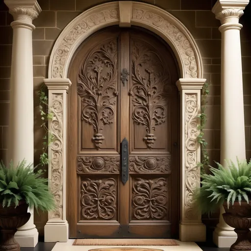 Prompt: Imagine a grand, ancient door standing tall at the threshold of a timeless sanctuary. This door is crafted from rich, aged oak with deep, warm tones and a weathered texture that tells of centuries past. Its surface is masterfully carved with intricate designs—vines and scrolls interwoven with subtle, symbolic images such as rays of light and small, add some green. At the very center of the door, there is a singular, ornate keyhole. This keyhole is unique—it appears to glow with a soft, inner light, suggesting that it holds the promise of divine access. 