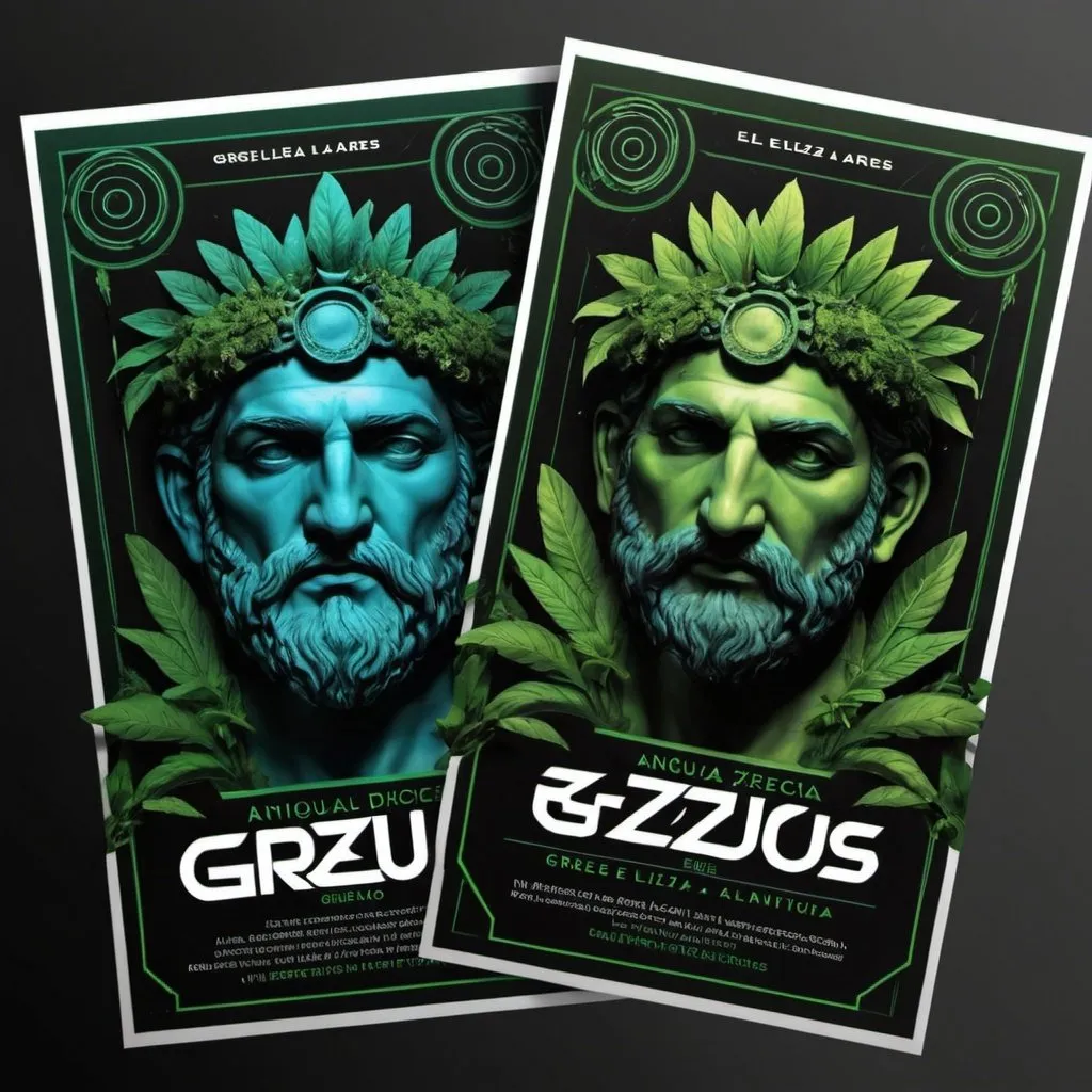 Prompt: crea un flyer para un rave de techno con el concepto de la antigua grecia, utlizando dioses griegos principalmente a Zeus & Ares. El concepto debe de ser algo obscuro sin perder la esencia de la antigua grecia. Incluye plantas verdes.