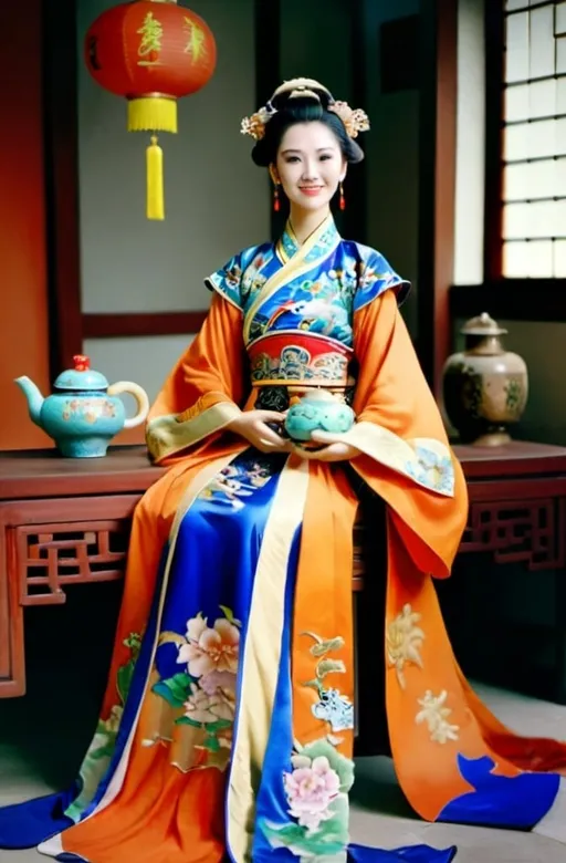 Prompt: a woman in a chinese costume sitting down with a tea cup in her hand and a tea pot in her other hand, Chen Yifei, cloisonnism, phuoc quan, a colorized photo