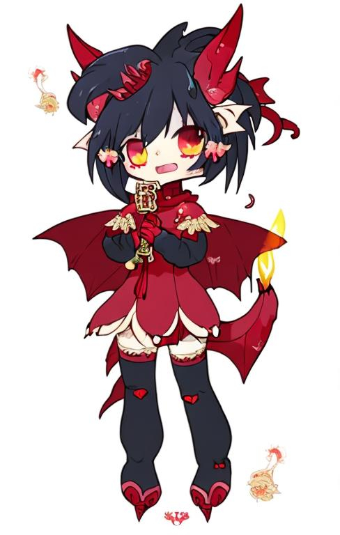 Prompt: A cute chibi red dragon girl with vibrant scarlet scales, delicate wings, and large, expressive eyes. She wears a tiny tiara and carries a miniature flame in her paw, radiating warmth and charm.