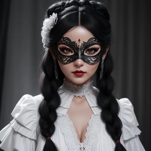 Prompt: [Hyper realistic], [Sharp Detail], [Extreme Detail]  [Dark creepy atmosphere] [telephoto professionally shot photograph taken with a high quality digital camera] of a [30 year old] with [long black hair styled in intricate braids], [She has a on a masquerade mask and a white dress], [wide eyes (red)], [Full lips] [extremely pale skin],