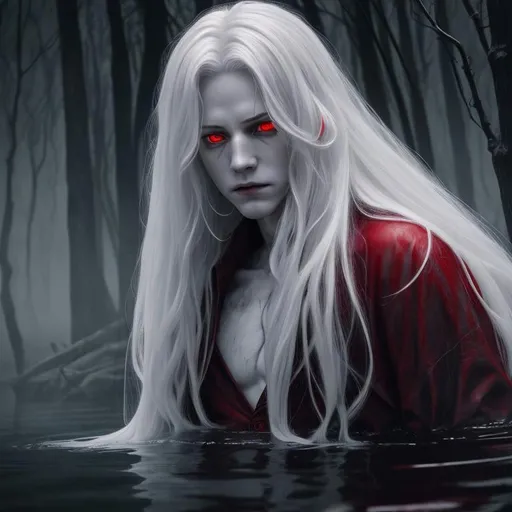 Prompt: [Hyper realistic], [Sharp Detail], [Extreme Detail], [Horror], [Dark creepy atmosphere] [professionally drawn photorealistic illustration] of a [ terrifying male ghost who died of drowning] with [long white tangled hair], [bright red eyes], [extremely pale skin], [blood]