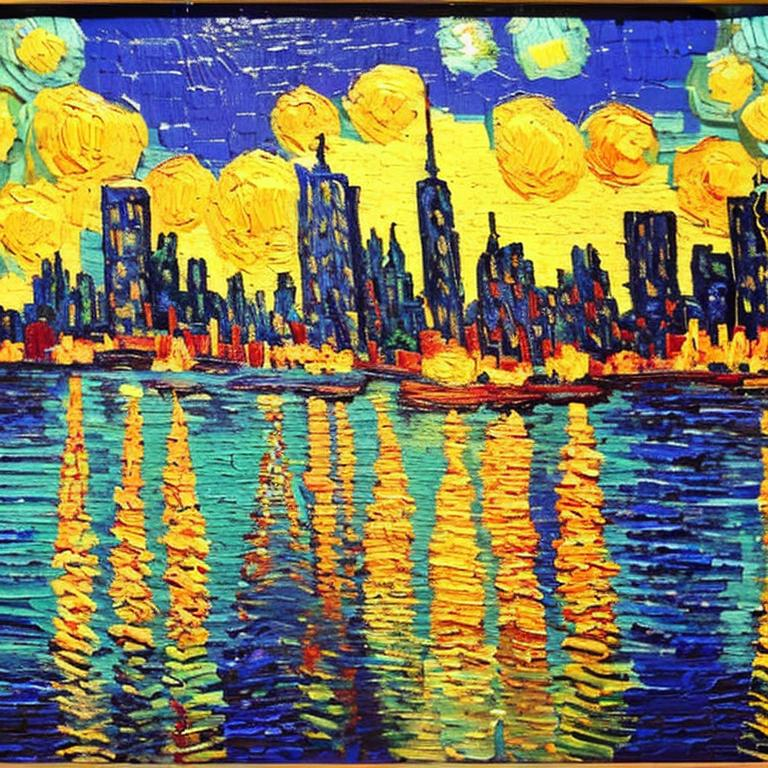 Prompt: Style of Van Gogh, skyline of New York
