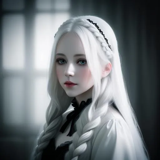 Prompt: [Hyper realistic], [Sharp Detail], [Extreme Detail]  [Dark creepy atmosphere] [professionally shot full body photograph taken with a high quality digital camera] of a [ghostly woman] with [long white hair styled in intricate braids],[bright round eyes], [Full lips], [extremely pale skin]