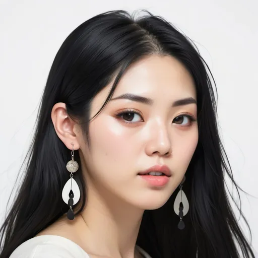 Prompt: a woman with long black hair and earrings on her head, with a white background, aestheticism, realistic face, japan asia face, strong face but still pretty