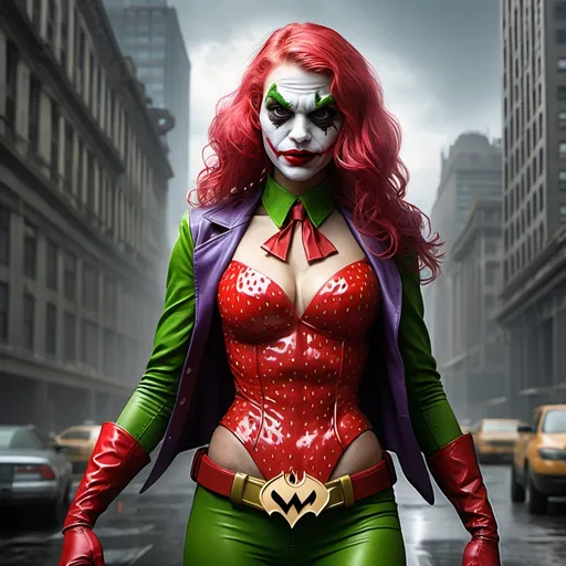 Prompt: A superhero character named Strawberry Woman who fights with the Joker in Gotham City