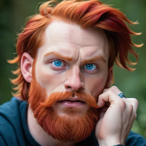 Prompt: A man with red hair and a red beard with piercing blue eyes stroking his chin