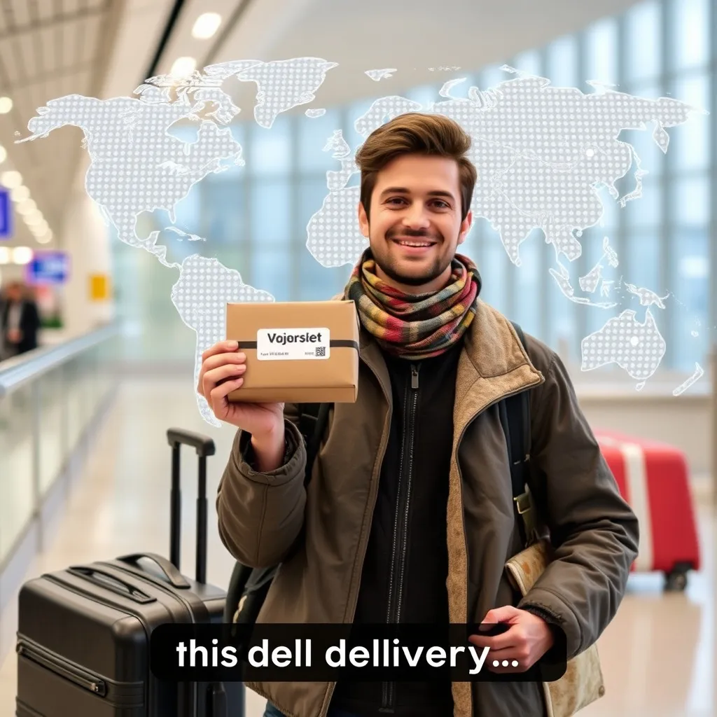 Prompt: A traveler at an airport holding a small package, smiling, with a suitcase beside them. In the background, a world map with dotted lines connecting different cities represents global deliveries.

Caption:
