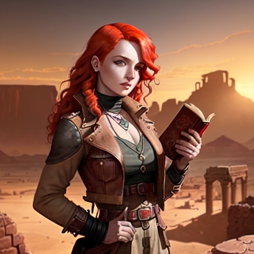 Prompt: A beautiful 1920s archaeologist with bright red hair and piercing eyes, stands on a rugged platform overlooking ancient ruins. She wears a stylish explorer’s outfit with a leather jacket and holds an ancient lore book and an ornate amulet. The scene is set in a desert with dramatic sunset lighting. In a gothic digital art style.
