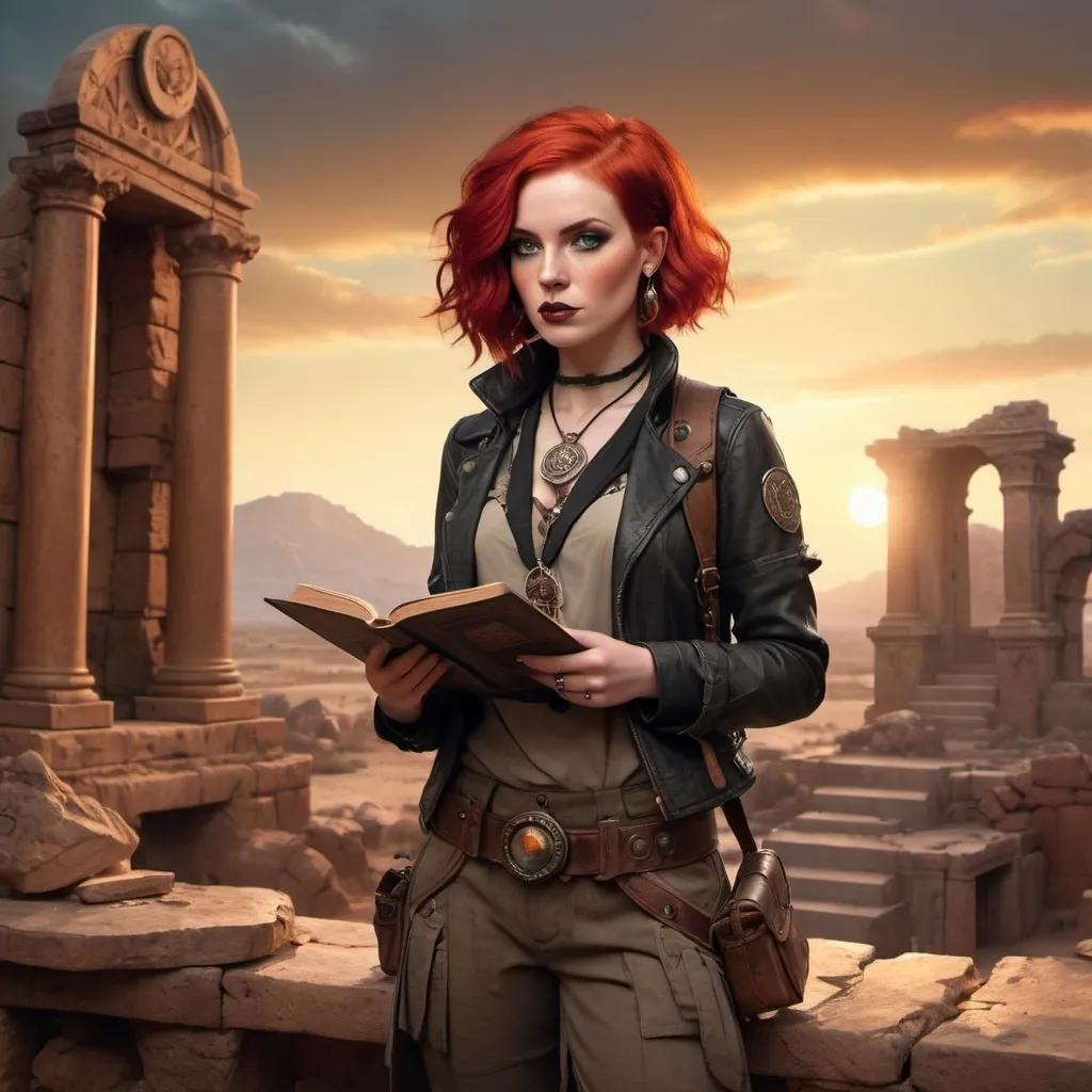 Prompt: A beautiful 1920s archaeologist with bright red hair and piercing eyes, stands on a rugged platform overlooking ancient ruins. She wears a stylish explorer’s outfit with a leather jacket and holds an ancient lore book and an ornate amulet. The scene is set in a desert with dramatic sunset lighting. In a gothic digital art style.
