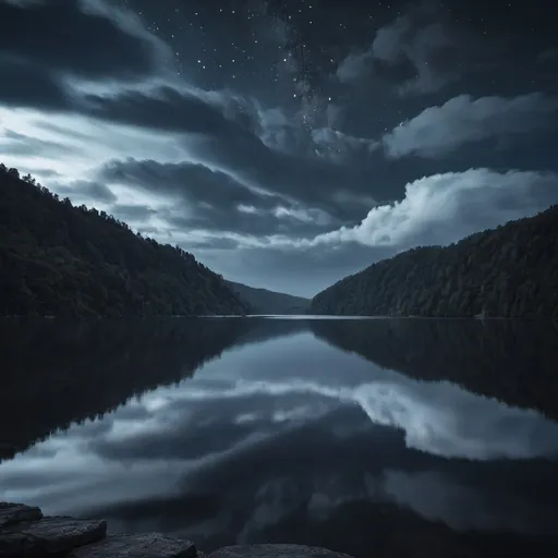 Prompt: a solemn lake and above a cloudy night sky