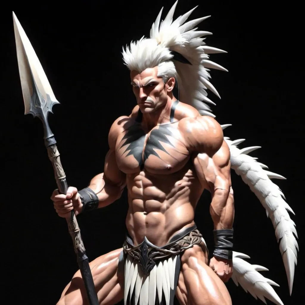 Prompt: More muscular. Black tipped spear