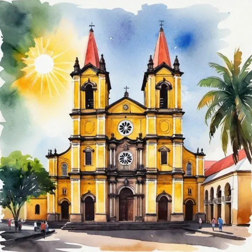 Prompt: Leon Catedral in Nicaragua. In loose style of watercolor. Bright sun. 