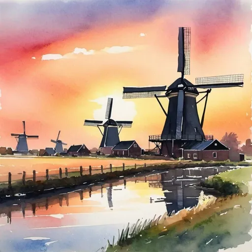 Prompt: Van Nellefabriek in Netherlands. In loose style of watercolor. Sunset. Colour-saving. Interesting capture. 