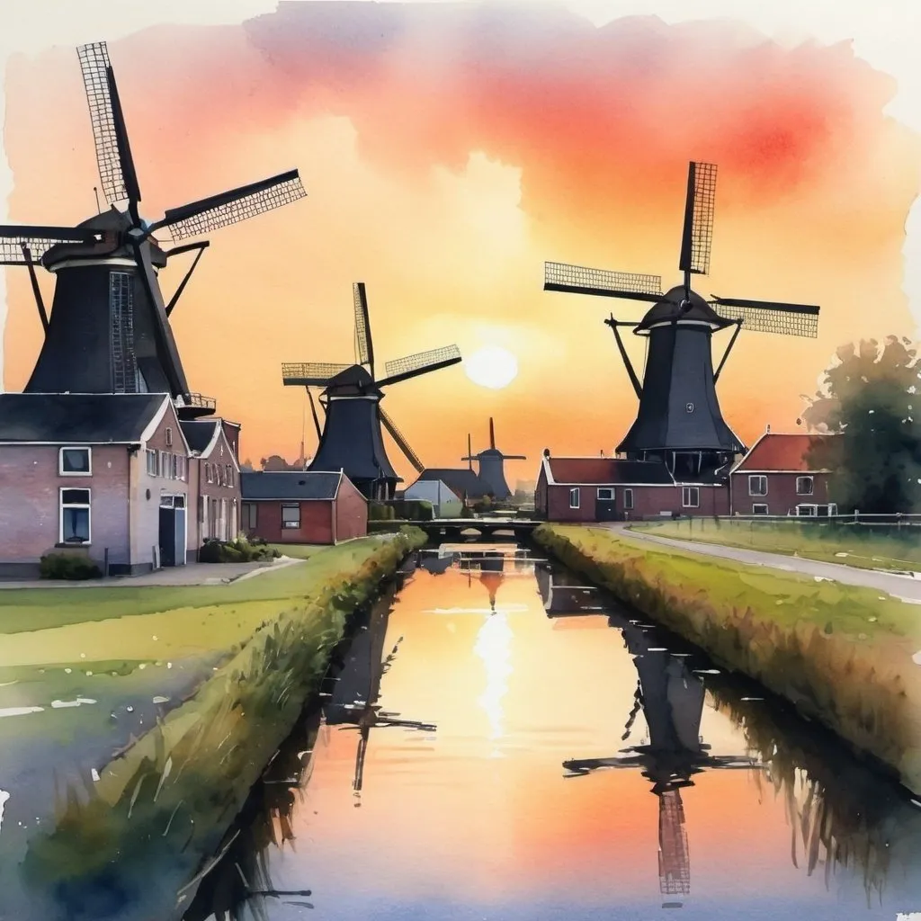 Prompt: Van Nellefabriek in Netherlands. In loose style of watercolor. Sunset. Colour-saving. Interesting capture. 