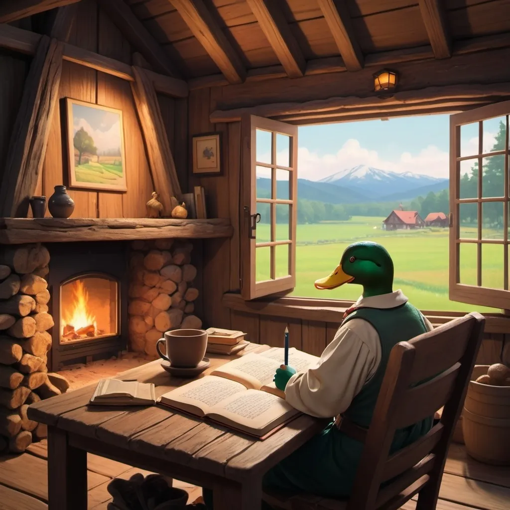 Prompt: Duck writing a book in a cozy cabin looking out over a farm next to a fireplace, in the style of miyazaki

