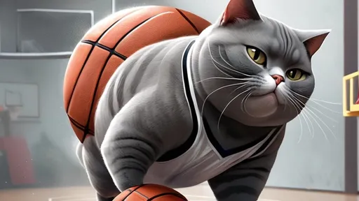Prompt: A fat grey cat playing basketball 