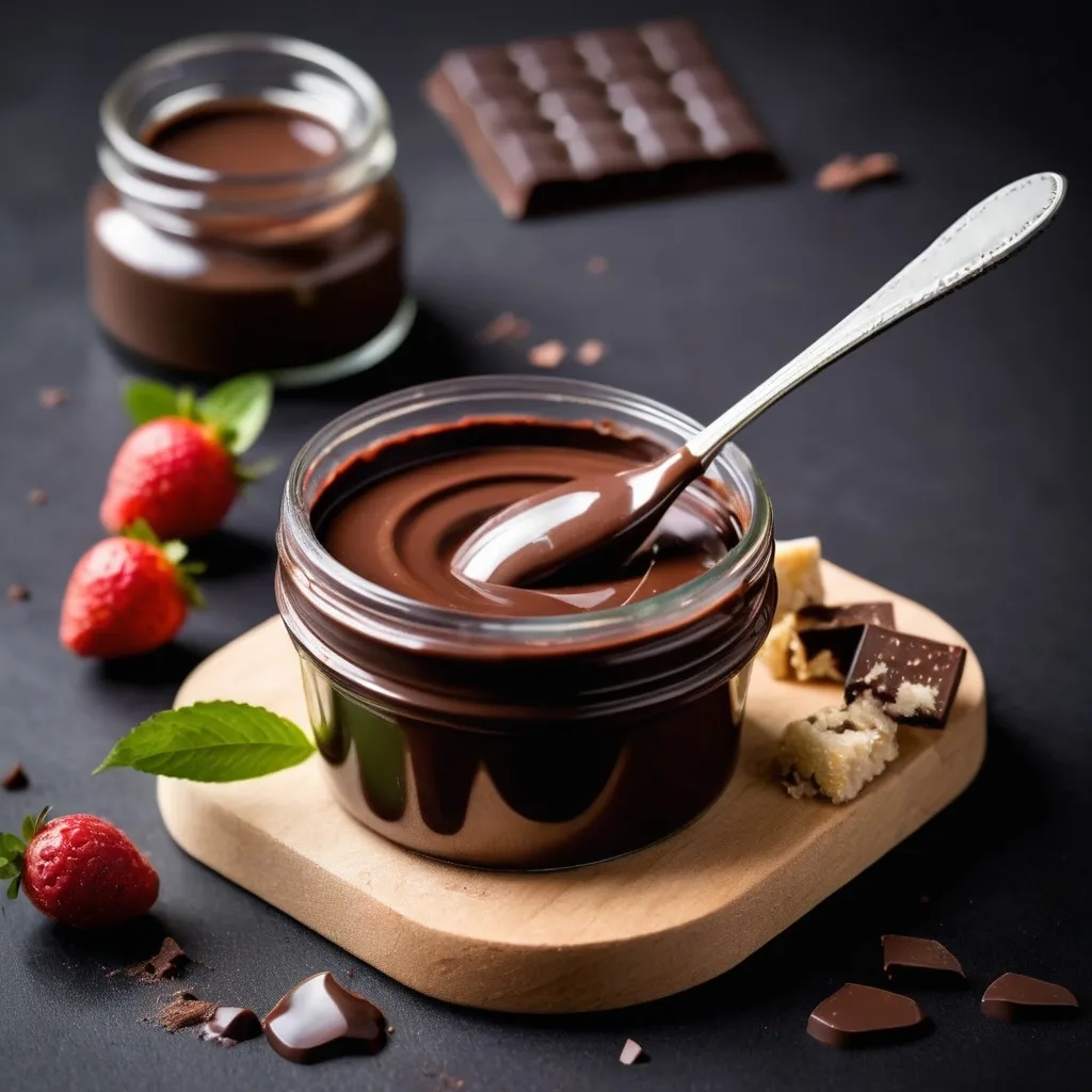 Prompt: create photo of tempting madagascar dark chocolate sauce for dipping tempting to eat. With out spoon.in a nice container 