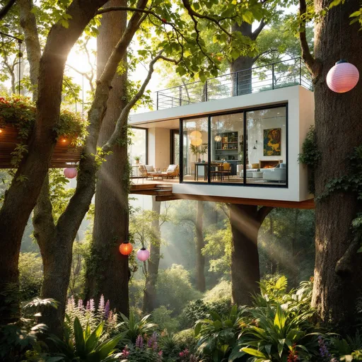 Prompt: A modern, stylish treehouse nestled high in a vibrant forest, featuring sleek, minimalist design with large windows, a rooftop deck, and contemporary furniture. The treehouse is suspended among tall trees, with a wooden walkway leading up to it. Soft sunlight filters through the leaves, creating a warm and inviting atmosphere. The surrounding forest is lush and green, with playful pops of color from hanging lights or plants.