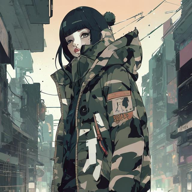 Prompt: cute girl in camoflouge parka, full body view, comic style ((tokyo ghost, sean murphy)), cute, highly stylized artstyle, atmospheric abstract autumn background, wide view, digital illustration, ultra hd, extreme long shot, telephoto lens, cute art style, motion blur, wide angle lens, deep depth of field, deep blue color scheme, pastel color scheme