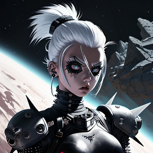 Prompt: Punk rock space warrior girl, lunar landscape, futuristic style, armor with punk rock accessories, edgy white hairstyle, best quality, futuristic, detailed armor, intense expression, edgy hairstyle, professional