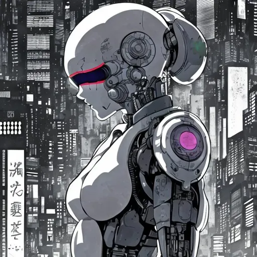 Prompt: ghost in the shell manga inspired, cyborg girl, bald head, goggles, dynamic pose, urban setting, black and white
