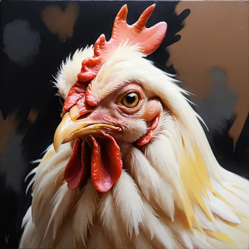 Prompt: vibe-based painting of a sad chicken